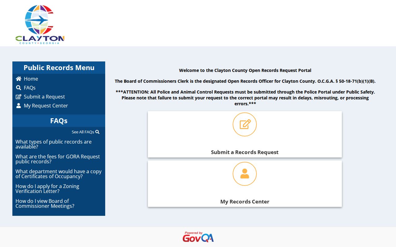 Clayton County GovQA criminal records request portal