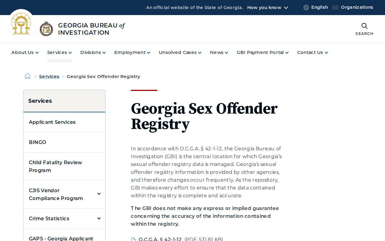 GBI Georgia Sex Offender Registry information page