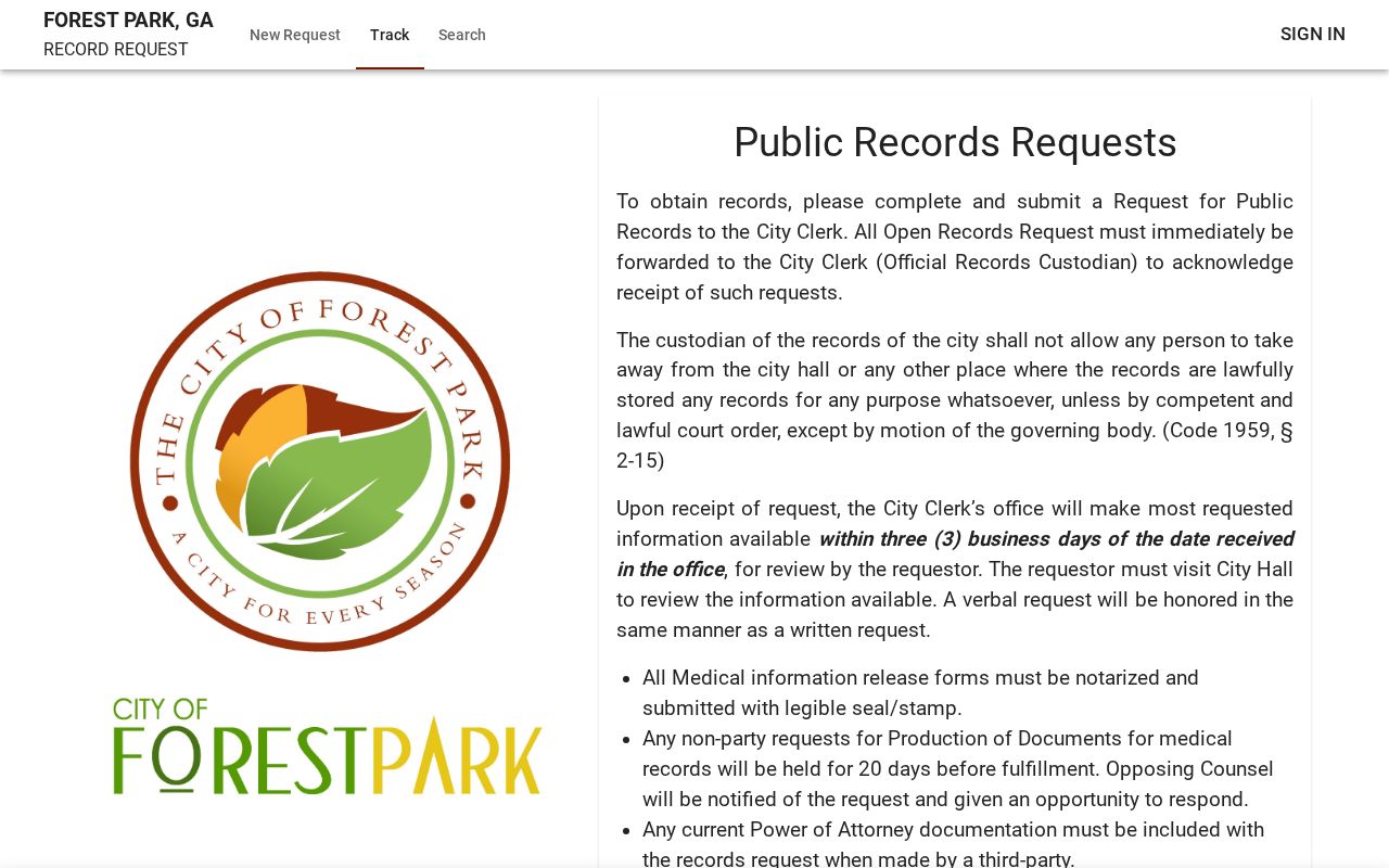 Forest Park JustFOIA request tracking interface