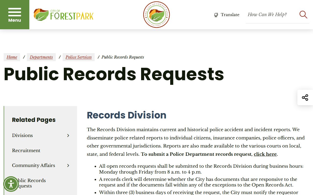 Forest Park Police public records request page