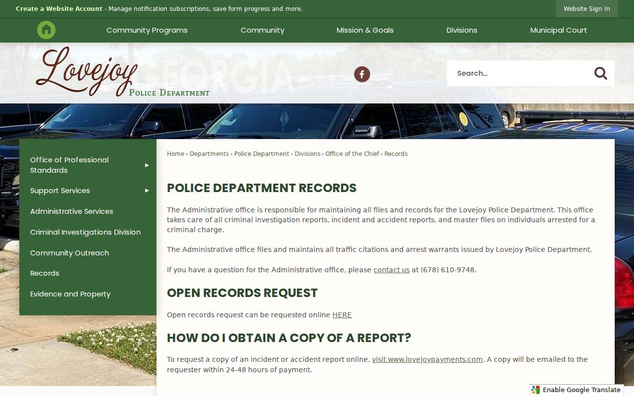 Lovejoy Police records instructions and report rules